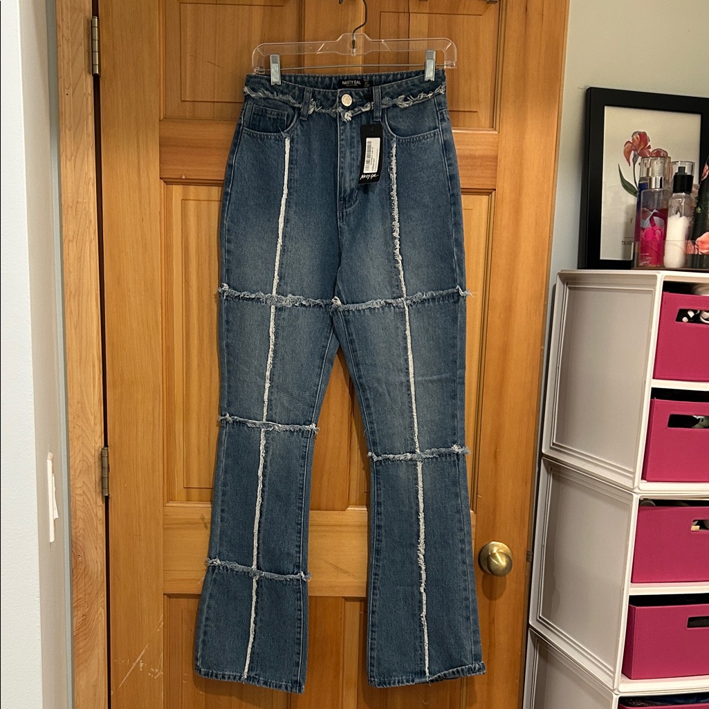 Nasty Gal Blue Flare Jeans W/ White Stitching